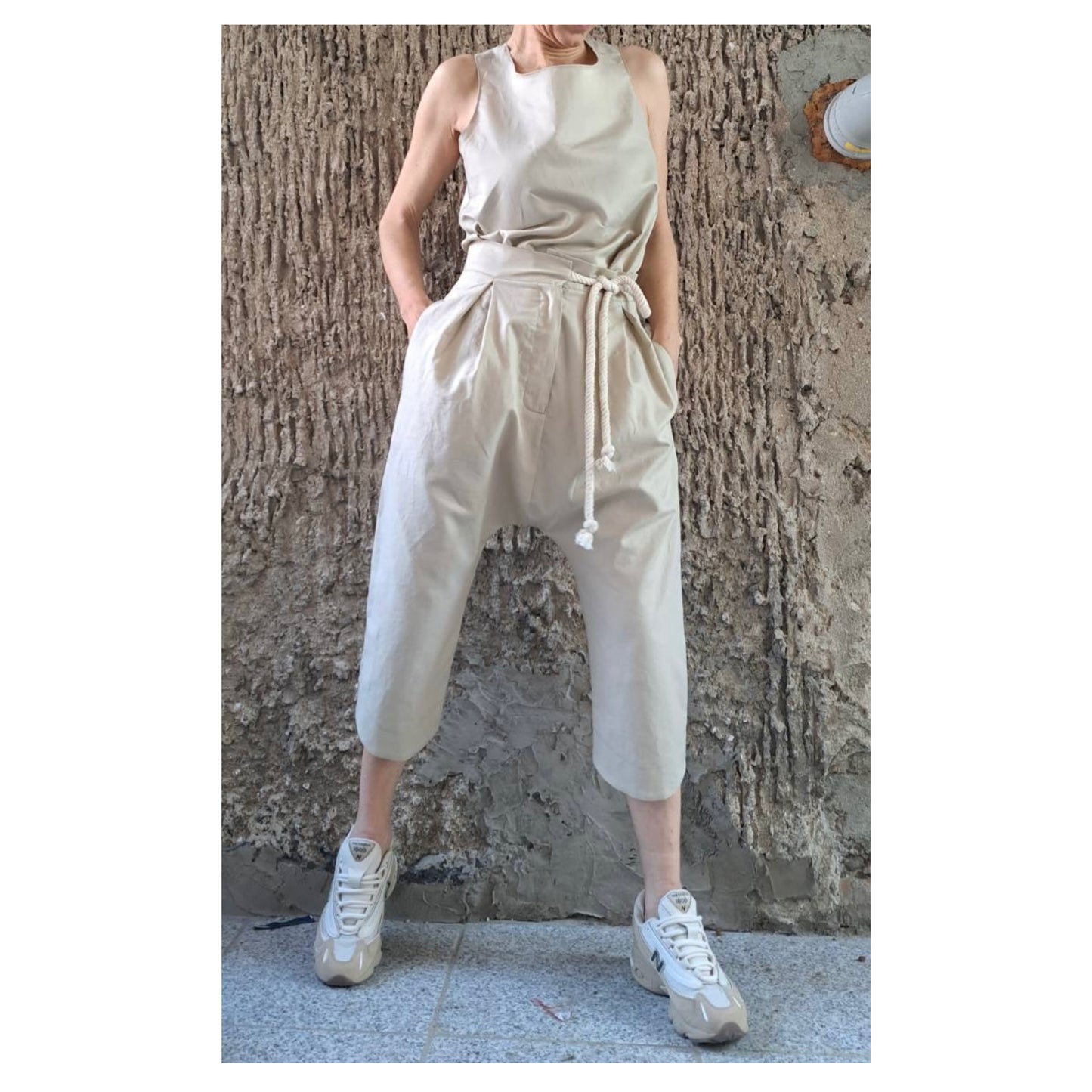 Summer Linen Women’s Set / Extravagant High Waist Linen Pants / Sleeveless Top / Daywear Beige Pants Top Outfits / Avantgarde Two Pieces Set - Handmade clothing from Angel By Silvia - Top Designer Brands