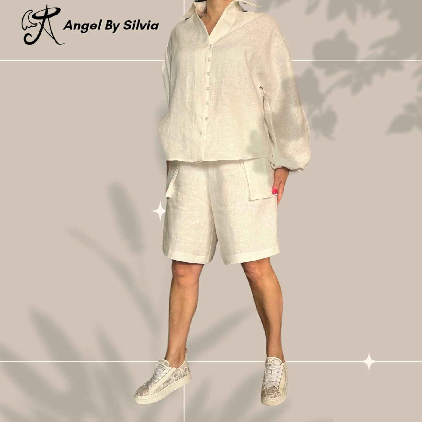 White Linen Pants & Long Sleeve Button Up Shirt Set • Above-Knee Shorts • Elbow Slit Top • Relaxed Fit Summer Outfit • XS to 5XL - Handmade clothing from Angel By Silvia - Top Designer Brands