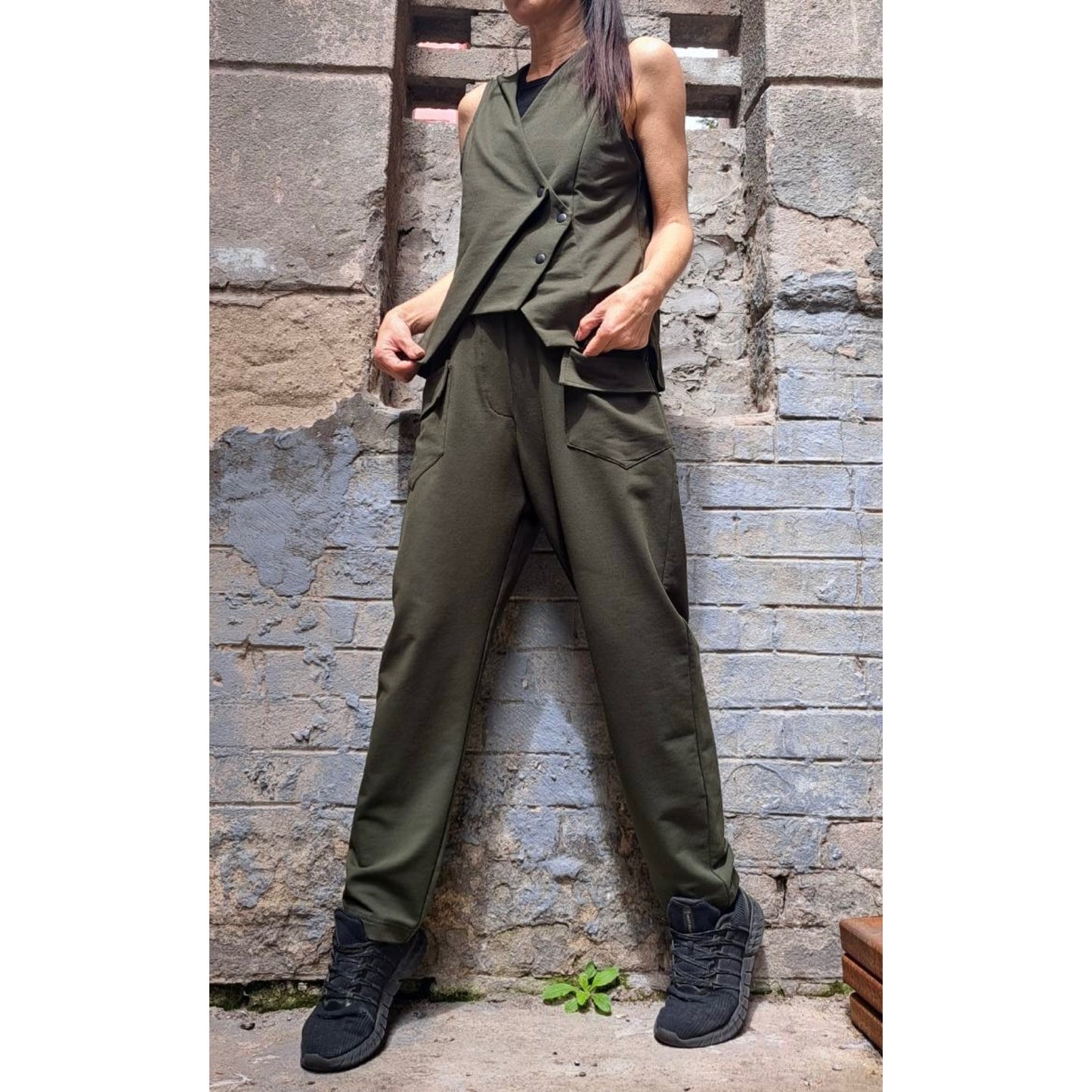 New Collection Extravagant Set / Asymmetric Military Green Outfit / Sleeveless Vest / Avantgarde Pants Vest Set / Streetwear Cotton Outfits - Handmade clothing from Angel By Silvia - Top Designer Brands