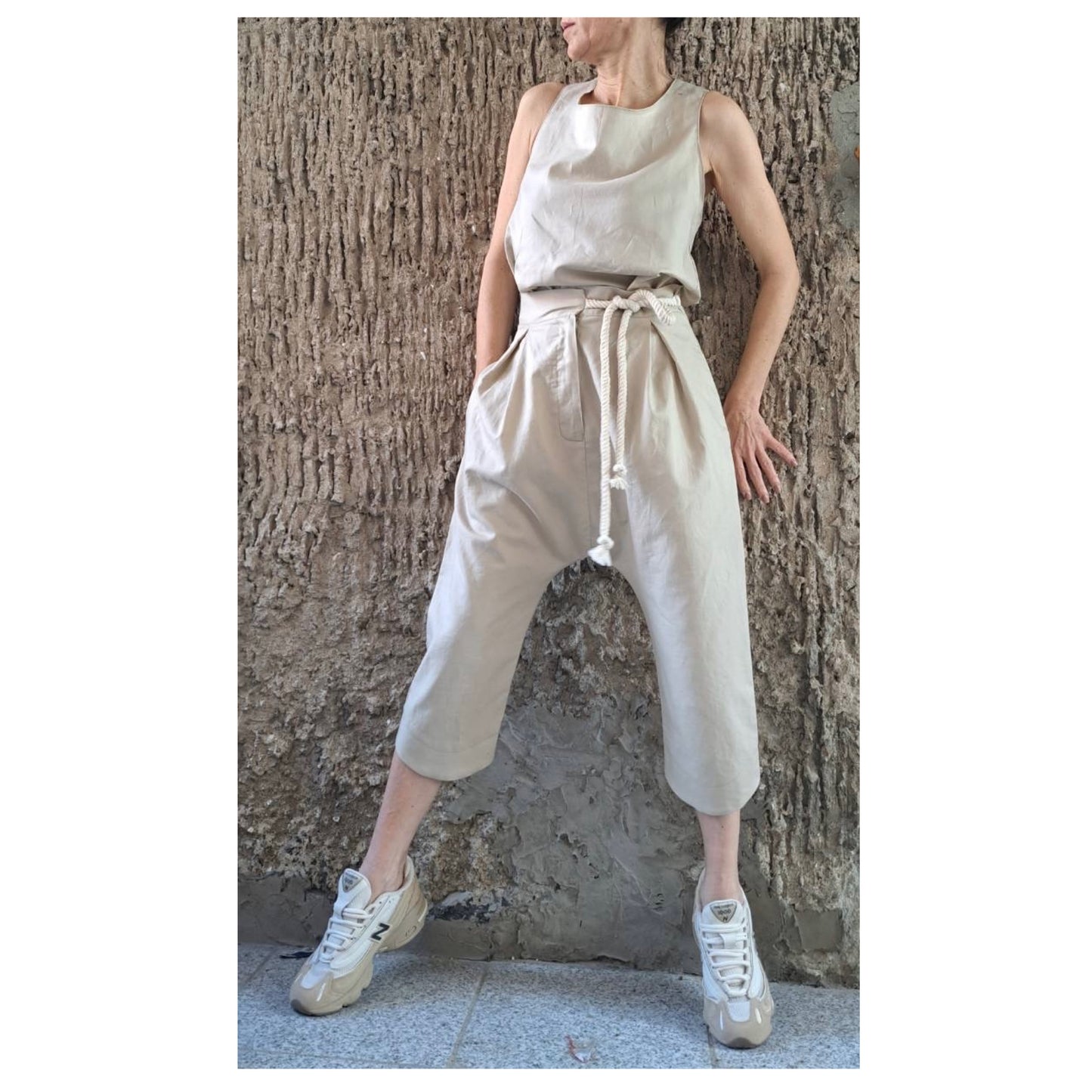 Summer Linen Women’s Set / Extravagant High Waist Linen Pants / Sleeveless Top / Daywear Beige Pants Top Outfits / Avantgarde Two Pieces Set - Handmade clothing from Angel By Silvia - Top Designer Brands