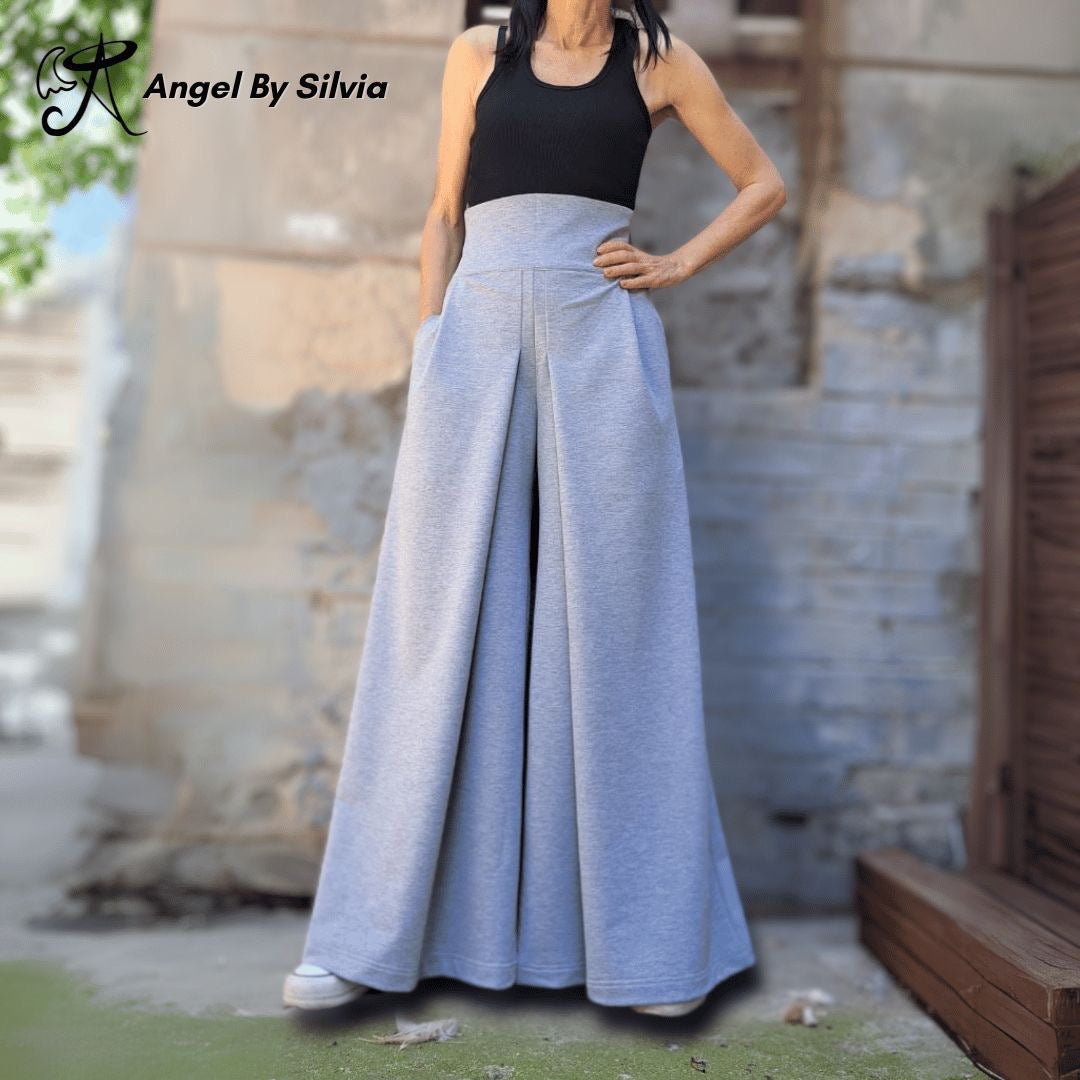 Gray Wide Leg Skirt Pants • High Waist Cotton Elastane Palazzo Pants • Flowy Versatile Bottoms • XS to 5XL - Handmade clothing from Angel By Silvia - Top Designer Brands