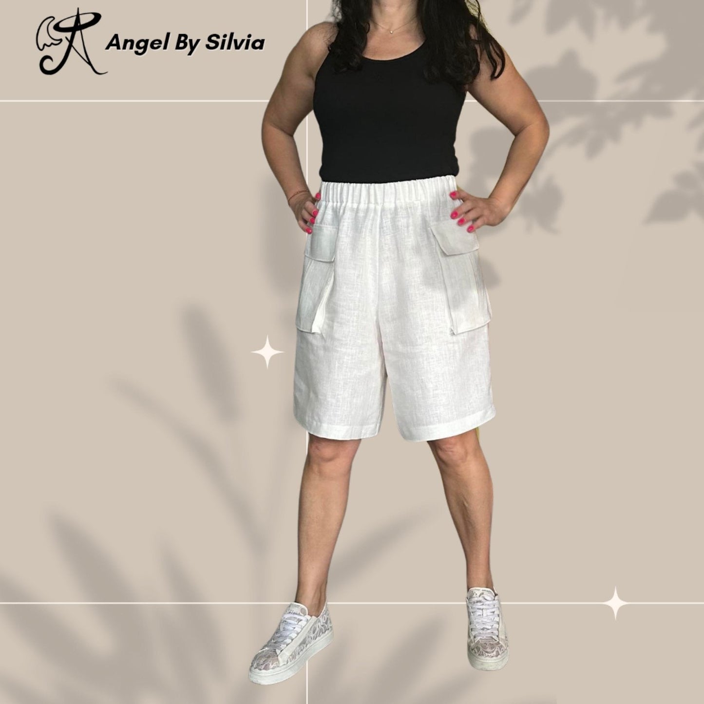 White Linen Pants & Long Sleeve Button Up Shirt Set • Above-Knee Shorts • Elbow Slit Top • Relaxed Fit Summer Outfit • XS to 5XL - Handmade clothing from Angel By Silvia - Top Designer Brands