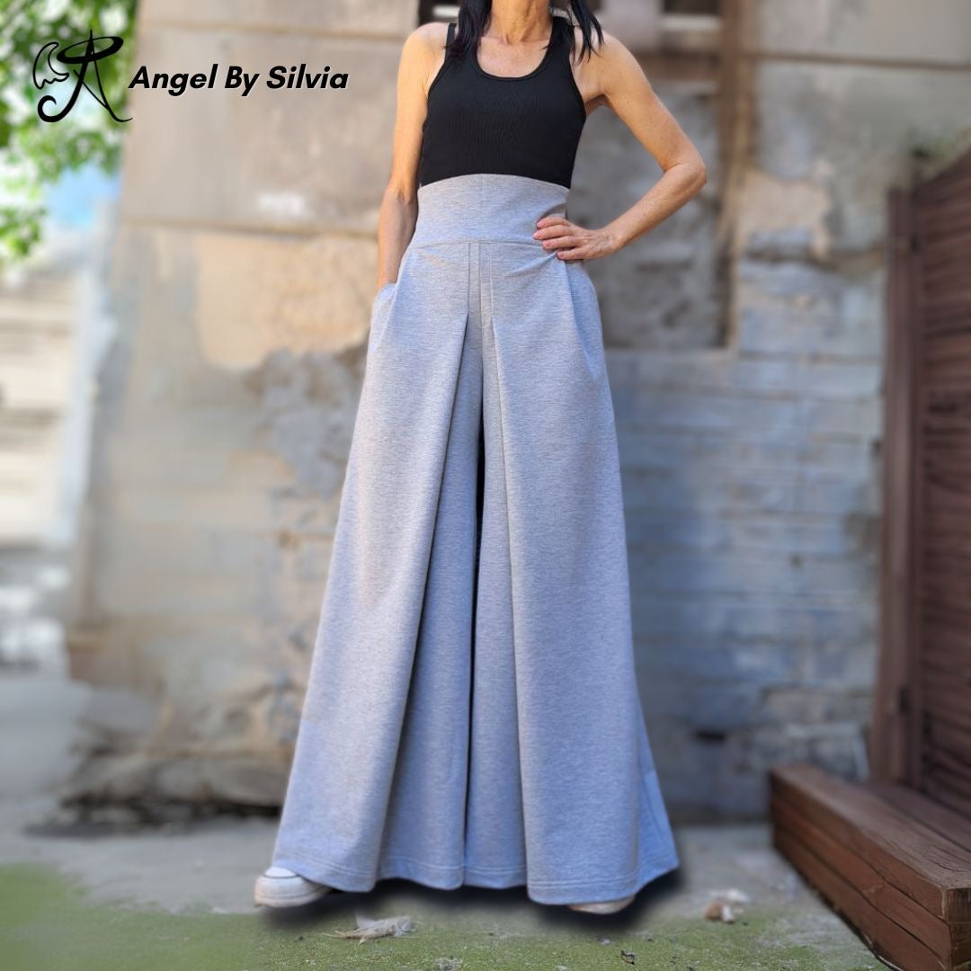 Gray Wide Leg Skirt Pants • High Waist Cotton Elastane Palazzo Pants • Flowy Versatile Bottoms • XS to 5XL - Handmade clothing from Angel By Silvia - Top Designer Brands