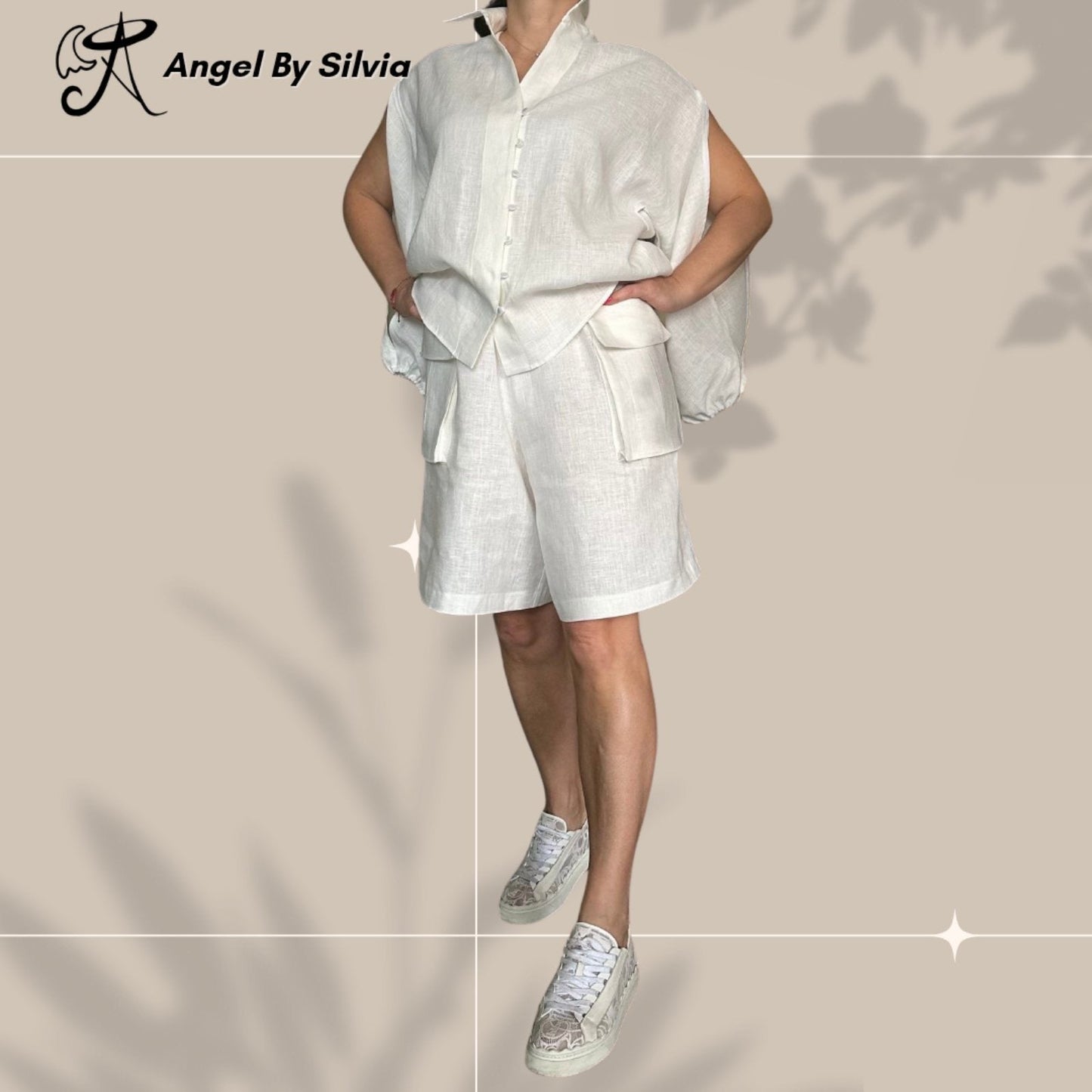 White Linen Pants & Long Sleeve Button Up Shirt Set • Above-Knee Shorts • Elbow Slit Top • Relaxed Fit Summer Outfit • XS to 5XL - Handmade clothing from Angel By Silvia - Top Designer Brands