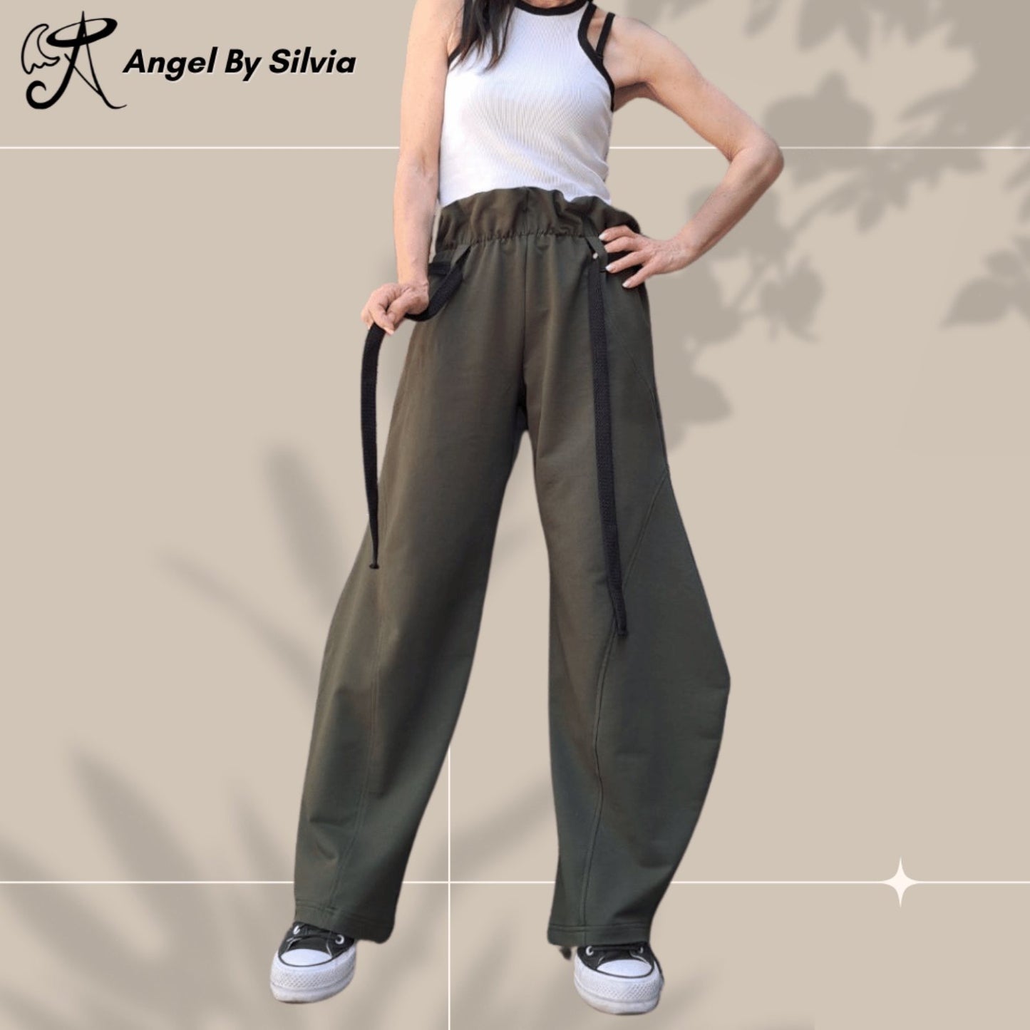 Military Green Balloon Pants for Women – High Waisted Loose Fit Cotton Trousers • Elastic Drawstring Joggers • Boho Streetwear Pants • Handmade XS to 5XL - Handmade clothing from Angel By Silvia - Top Designer Brands