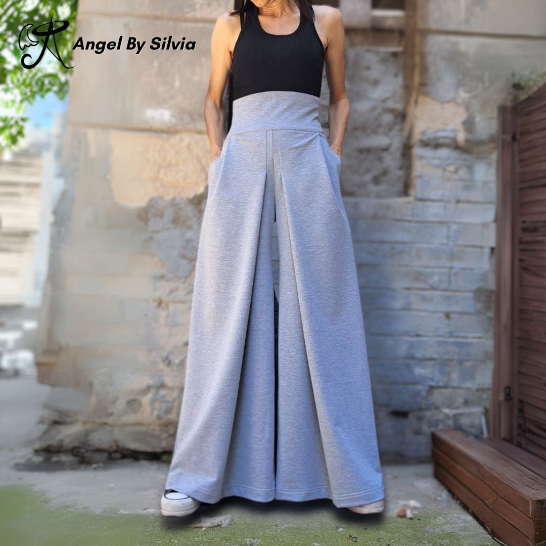 Gray Wide Leg Skirt Pants • High Waist Cotton Elastane Palazzo Pants • Flowy Versatile Bottoms • XS to 5XL - Handmade clothing from Angel By Silvia - Top Designer Brands