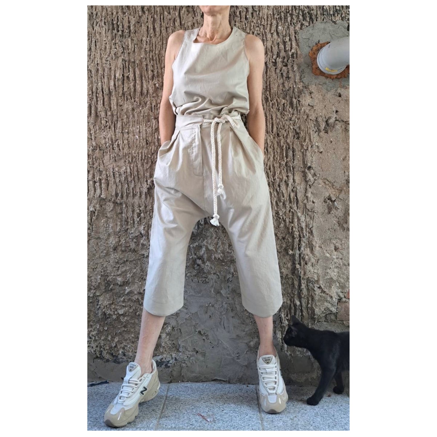 Summer Linen Women’s Set / Extravagant High Waist Linen Pants / Sleeveless Top / Daywear Beige Pants Top Outfits / Avantgarde Two Pieces Set - Handmade clothing from Angel By Silvia - Top Designer Brands