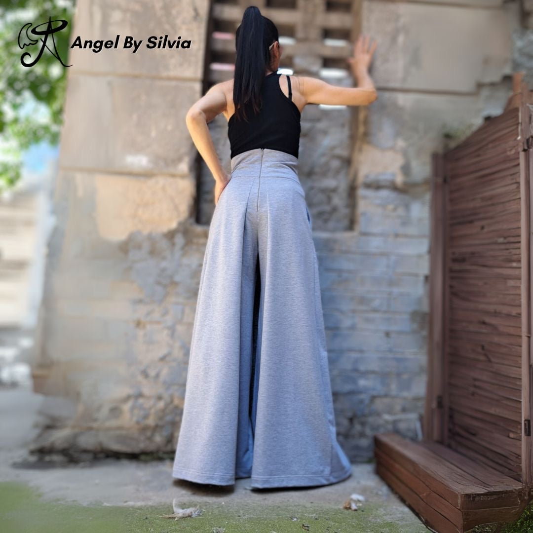 Gray Wide Leg Skirt Pants • High Waist Cotton Elastane Palazzo Pants • Flowy Versatile Bottoms • XS to 5XL - Handmade clothing from Angel By Silvia - Top Designer Brands