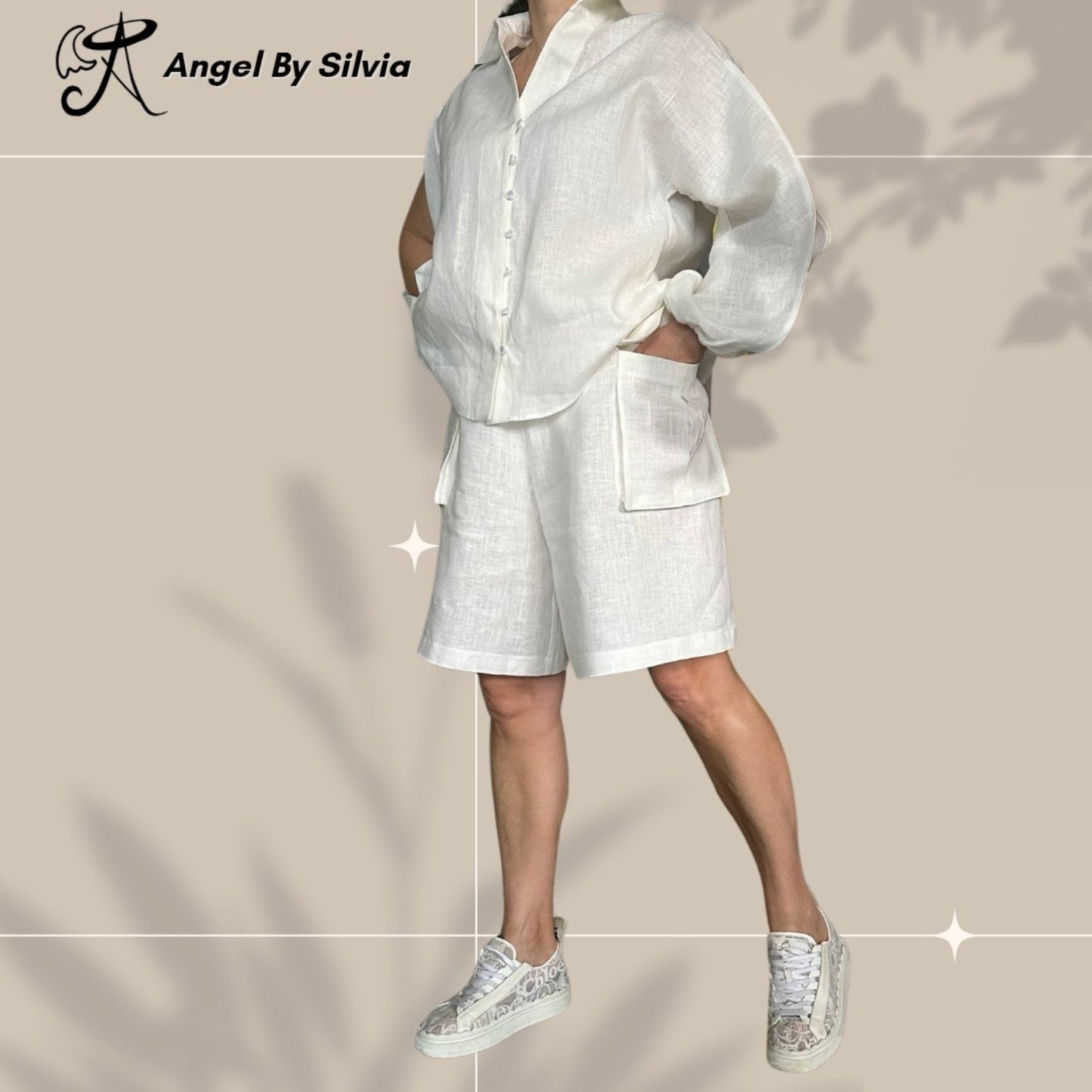 White Linen Pants & Long Sleeve Button Up Shirt Set • Above-Knee Shorts • Elbow Slit Top • Relaxed Fit Summer Outfit • XS to 5XL - Handmade clothing from Angel By Silvia - Top Designer Brands