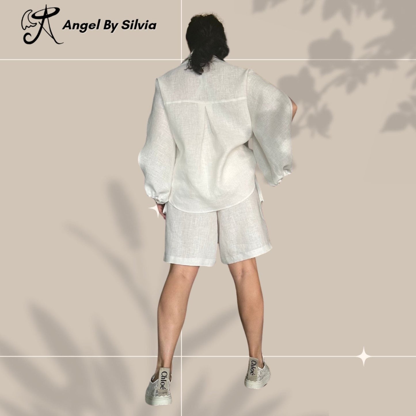 White Linen Pants & Long Sleeve Button Up Shirt Set • Above-Knee Shorts • Elbow Slit Top • Relaxed Fit Summer Outfit • XS to 5XL - Handmade clothing from Angel By Silvia - Top Designer Brands