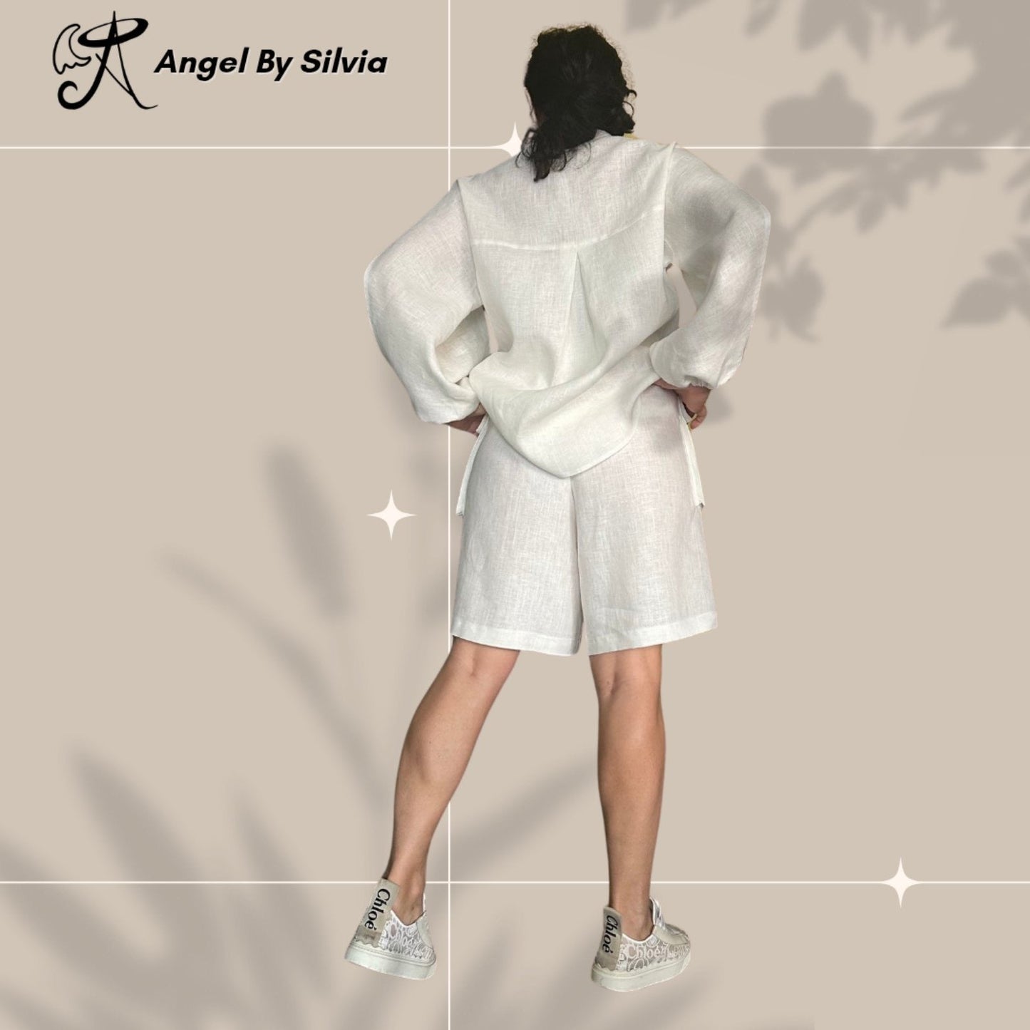 White Linen Pants & Long Sleeve Button Up Shirt Set • Above-Knee Shorts • Elbow Slit Top • Relaxed Fit Summer Outfit • XS to 5XL - Handmade clothing from Angel By Silvia - Top Designer Brands