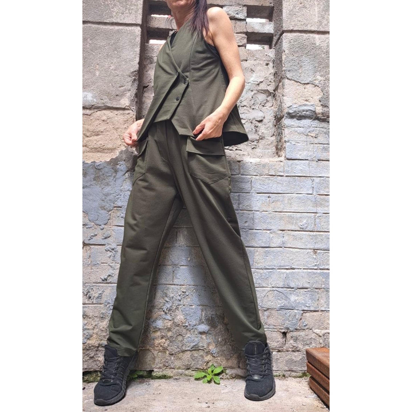 New Collection Extravagant Set / Asymmetric Military Green Outfit / Sleeveless Vest / Avantgarde Pants Vest Set / Streetwear Cotton Outfits - Handmade clothing from Angel By Silvia - Top Designer Brands