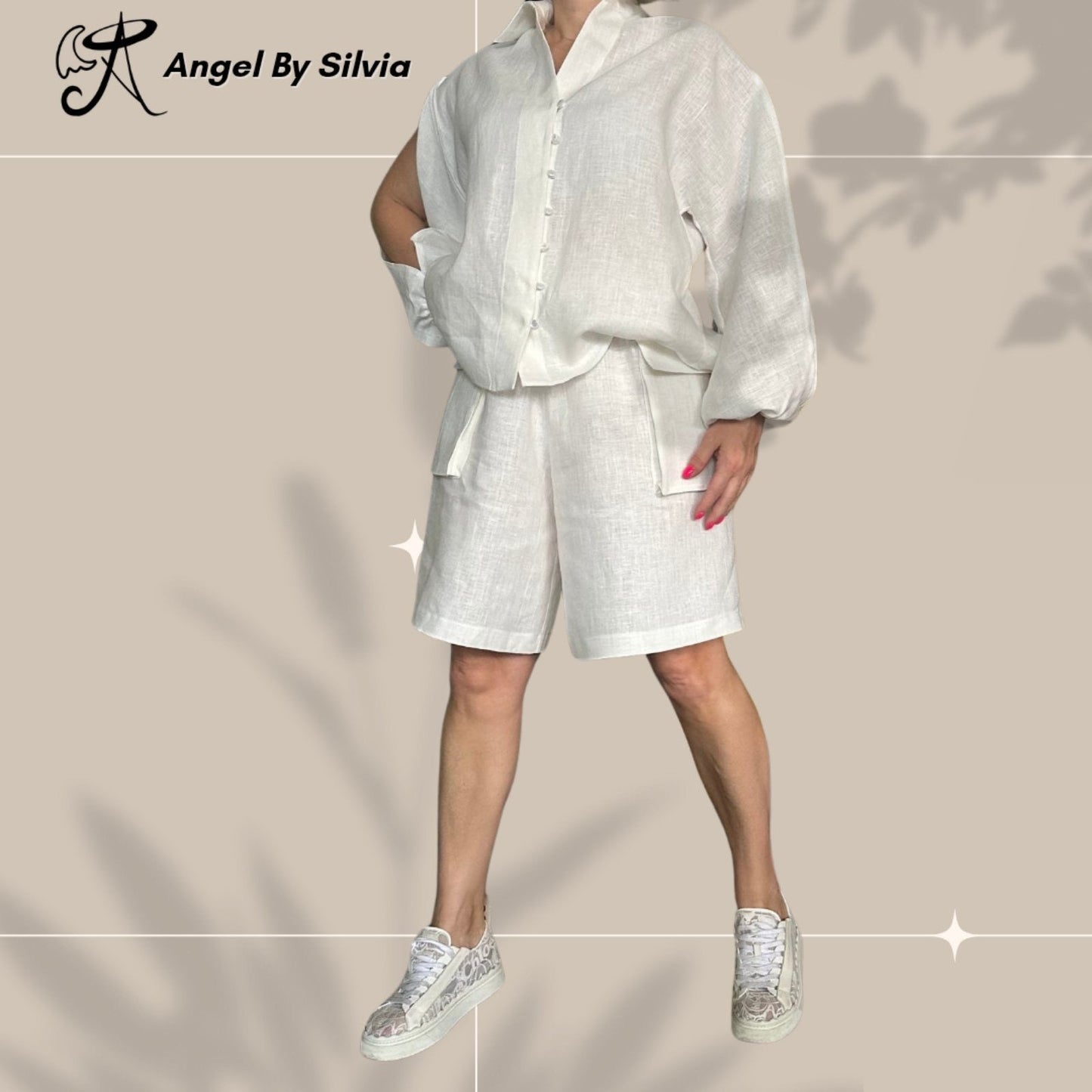 White Linen Pants & Long Sleeve Button Up Shirt Set • Above-Knee Shorts • Elbow Slit Top • Relaxed Fit Summer Outfit • XS to 5XL - Handmade clothing from Angel By Silvia - Top Designer Brands