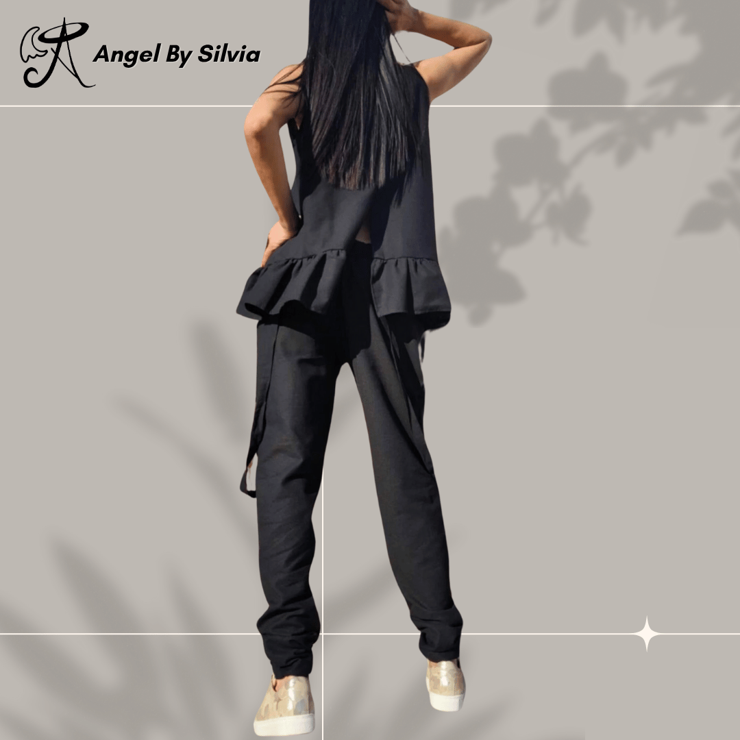 Chic Black Linen Two Piece Set with Flared Wide Top and Casual Loose Fit Pants • Minimalist Summer Outfit • Stylish Comfy Women’s Ensemble - Handmade clothing from Angel By Silvia - Top Designer Brands