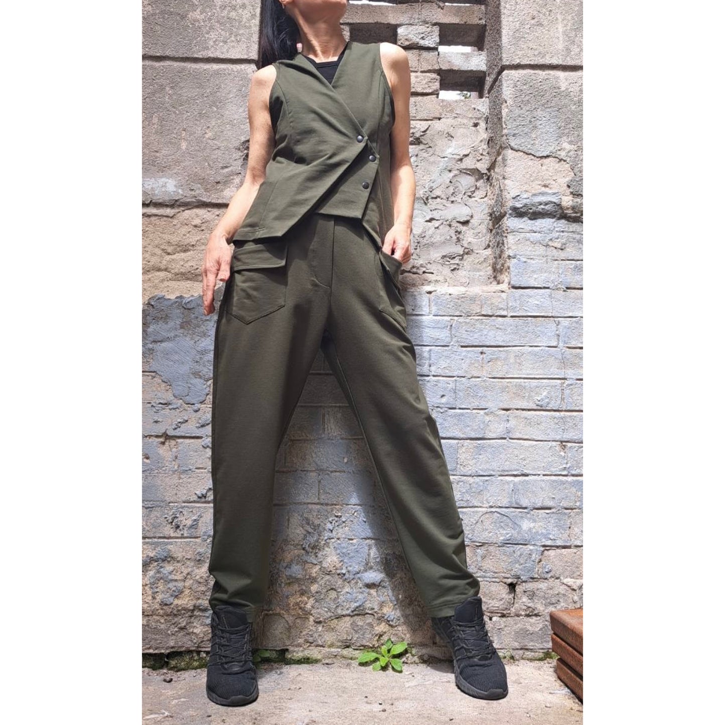 New Collection Extravagant Set / Asymmetric Military Green Outfit / Sleeveless Vest / Avantgarde Pants Vest Set / Streetwear Cotton Outfits - Handmade clothing from Angel By Silvia - Top Designer Brands