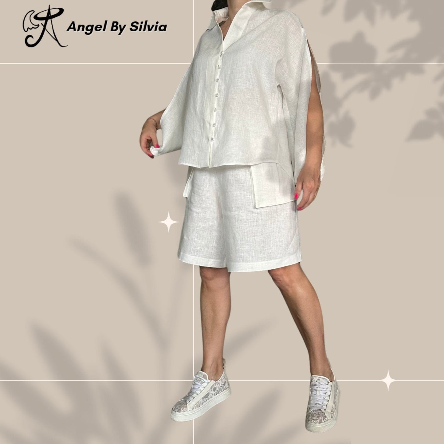White Linen Pants & Long Sleeve Button Up Shirt Set • Above-Knee Shorts • Elbow Slit Top • Relaxed Fit Summer Outfit • XS to 5XL - Handmade clothing from Angel By Silvia - Top Designer Brands