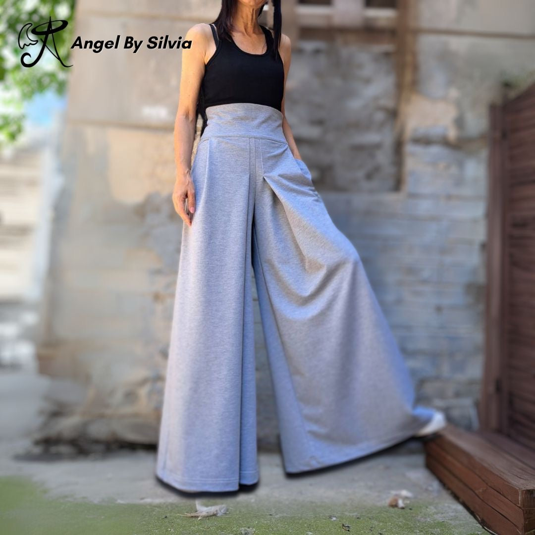 Gray Wide Leg Skirt Pants • High Waist Cotton Elastane Palazzo Pants • Flowy Versatile Bottoms • XS to 5XL - Handmade clothing from Angel By Silvia - Top Designer Brands