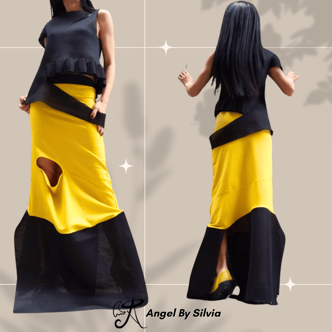Sunshine Yellow Boho Skirt • Long Asymmetric Maxi Skirt • Loose Cotton Elastic Waist Skirt • Urban Women's Fashion • XS to 5XL - Handmade clothing from Angel By Silvia - Top Designer Brands