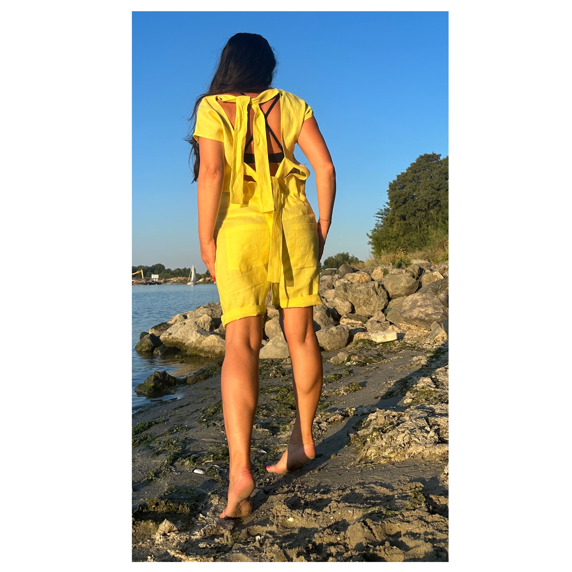 Linen Yellow Open Back Jumpsuit - Handmade clothing from Angel By Silvia - Top Designer Brands 