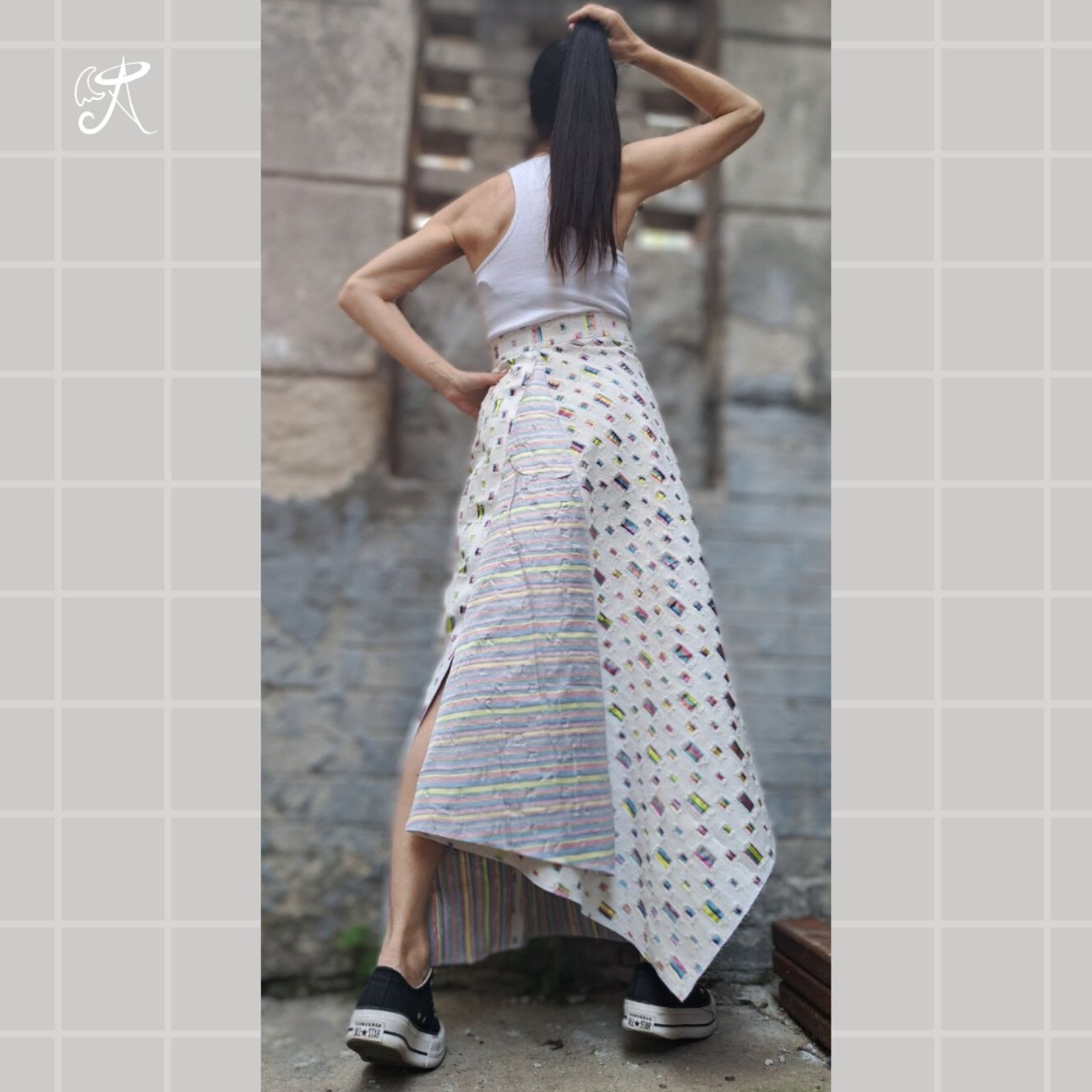 Designer Denim Maxi Skirt • Handmade Asymmetric Art Piece • White Base with Colorful Accents • Flowy Ankle-Length • Tailored Fit Available - Handmade clothing from Angel By Silvia - Top Designer Brands 