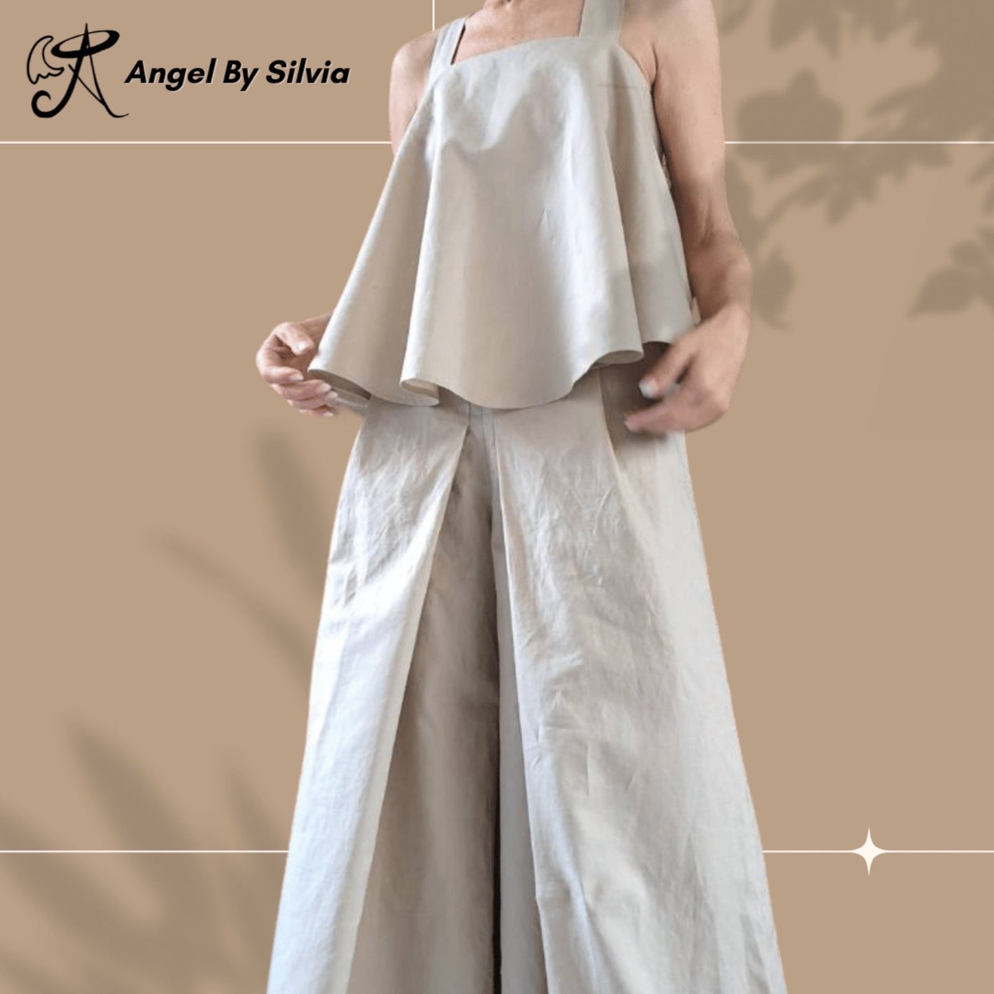 Linen Two-Piece Set • Beige High Waist Wide Leg Pants + Asymmetric Tank Top • Open Back Longline Top • Boho Summer Outfit • Sizes XS-5XL - Handmade clothing from Angel By Silvia - Top Designer Brands 