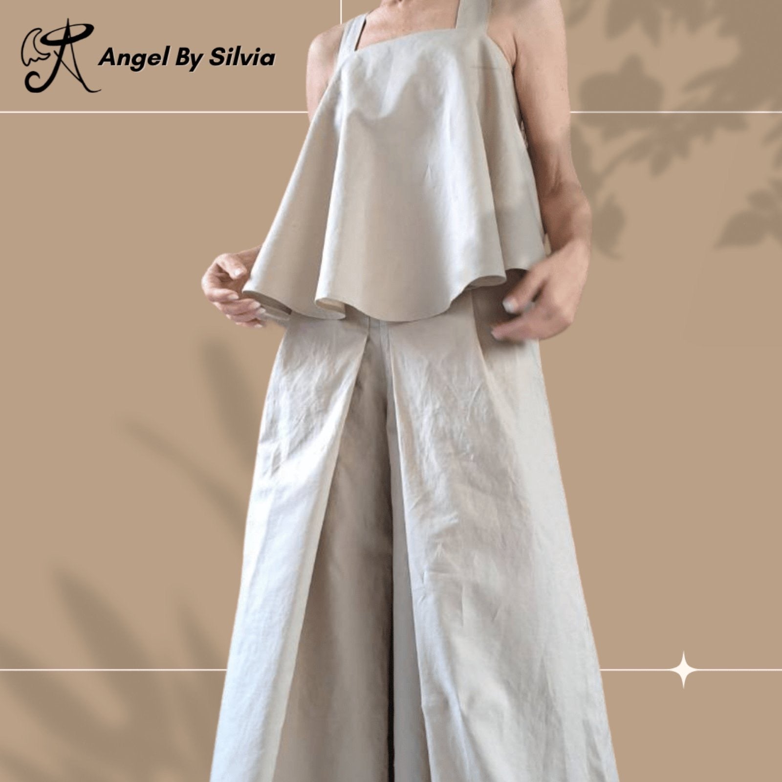 Linen Two-Piece Set • Beige High Waist Wide Leg Pants + Asymmetric Tank Top • Open Back Longline Top • Boho Summer Outfit • Sizes XS-5XL - Handmade clothing from Angel By Silvia - Top Designer Brands 