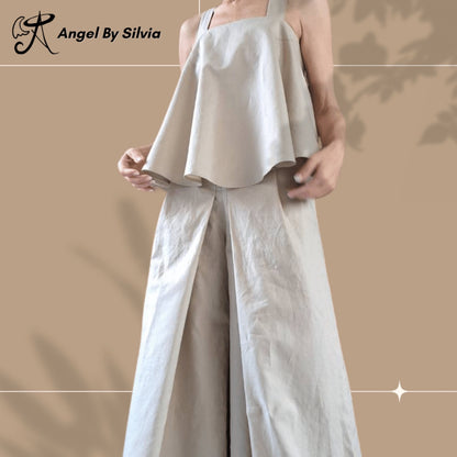 Linen Two-Piece Set • Beige High Waist Wide Leg Pants + Asymmetric Tank Top • Open Back Longline Top • Boho Summer Outfit • Sizes XS-5XL - Handmade clothing from Angel By Silvia - Top Designer Brands 