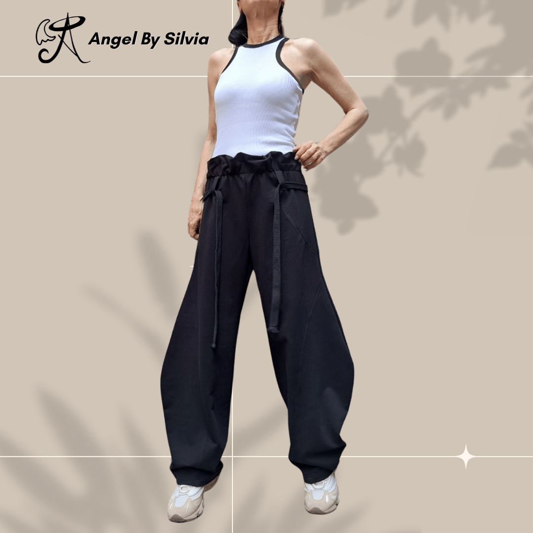 Black Balloon Pants for Women • High Waist Drawstring Loose Fit Cotton Trousers • No Pocket Urban Joggers • Handmade XS to 5XL - Handmade clothing from Angel By Silvia - Top Designer Brands 