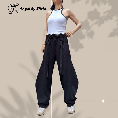 Black Balloon Pants for Women • High Waist Drawstring Loose Fit Cotton Trousers • No Pocket Urban Joggers • Handmade XS to 5XL - Handmade clothing from Angel By Silvia - Top Designer Brands 