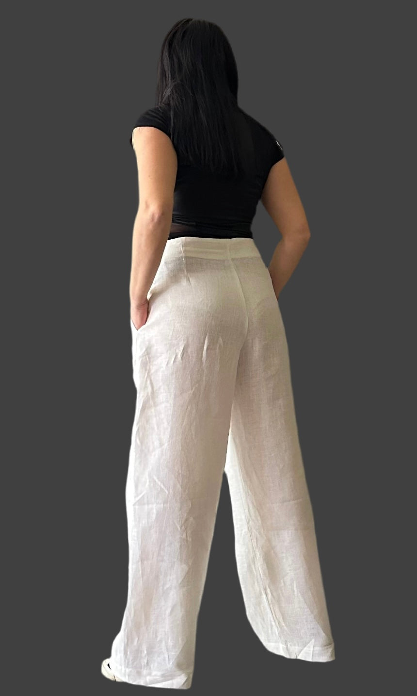 Streetwear Linen Wide Leg Pants / Extravagant Women’s Pants / Summer White Linen Pants / Casual High Waist Pants / Asymmetric Summer Pants - Handmade clothing from Angel By Silvia - Top Designer Brands 