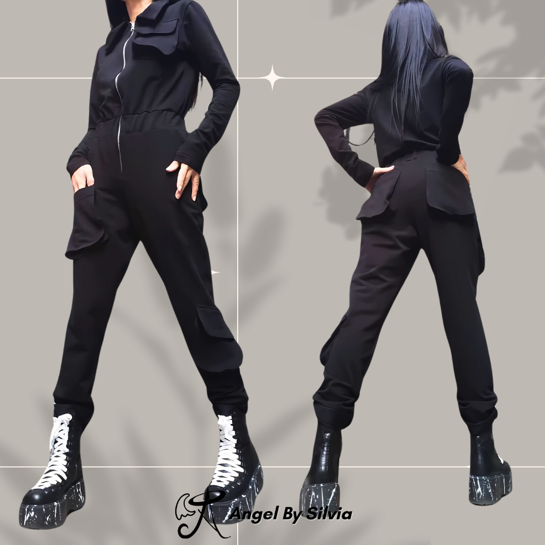 Sporty Elegant Black Cotton Overalls with Stretch Fabric • Casual One Piece Jumpsuit for Women • Stylish Comfortable Urban Outfit - Handmade clothing from Angel By Silvia - Top Designer Brands 