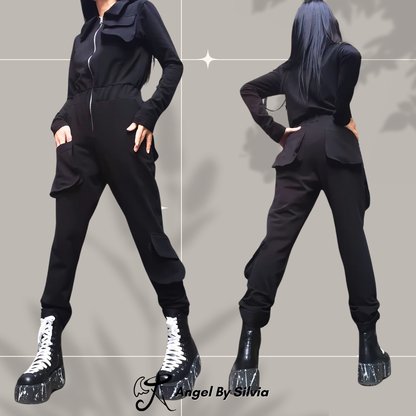 Sporty Elegant Black Cotton Overalls with Stretch Fabric • Casual One Piece Jumpsuit for Women • Stylish Comfortable Urban Outfit - Handmade clothing from Angel By Silvia - Top Designer Brands 