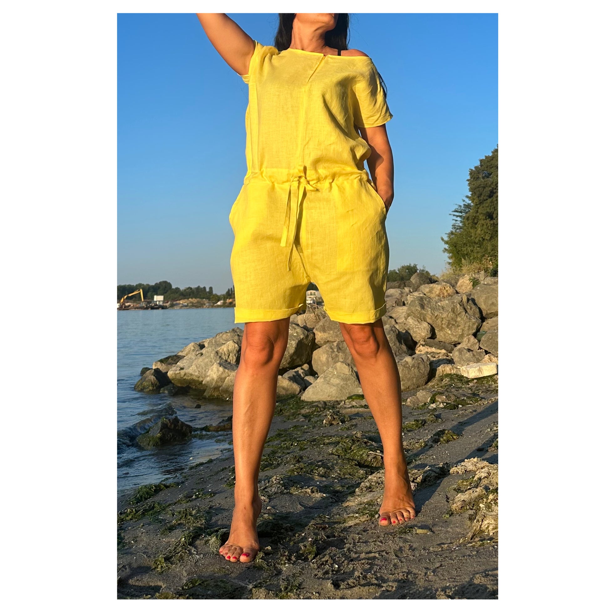 Linen Yellow Open Back Jumpsuit - Handmade clothing from Angel By Silvia - Top Designer Brands 