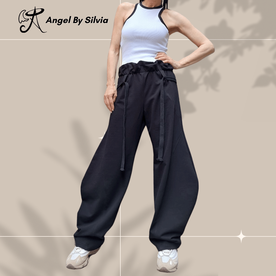 Black Balloon Pants for Women • High Waist Drawstring Loose Fit Cotton Trousers • No Pocket Urban Joggers • Handmade XS to 5XL - Handmade clothing from Angel By Silvia - Top Designer Brands 