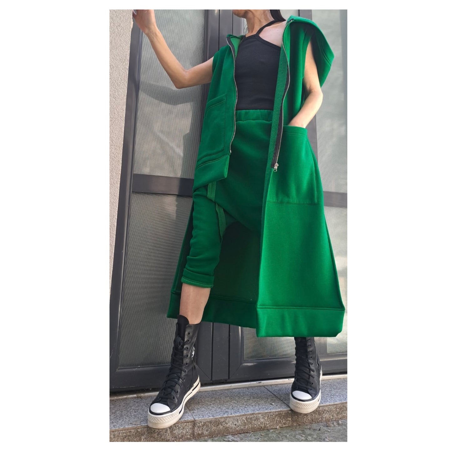 Extravagant Green Outfit / Asymmetric Two Piece Set / Hooded Warm Vest Pants / Outwear Green Set / Streetwear Woman Green Suit Set - Handmade clothing from Angel By Silvia - Top Designer Brands 