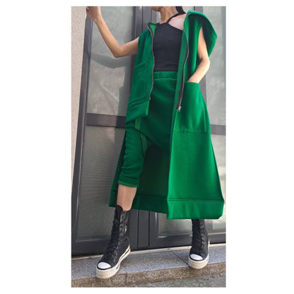 Extravagant Green Outfit / Asymmetric Two Piece Set / Hooded Warm Vest Pants / Outwear Green Set / Streetwear Woman Green Suit Set - Handmade clothing from Angel By Silvia - Top Designer Brands 