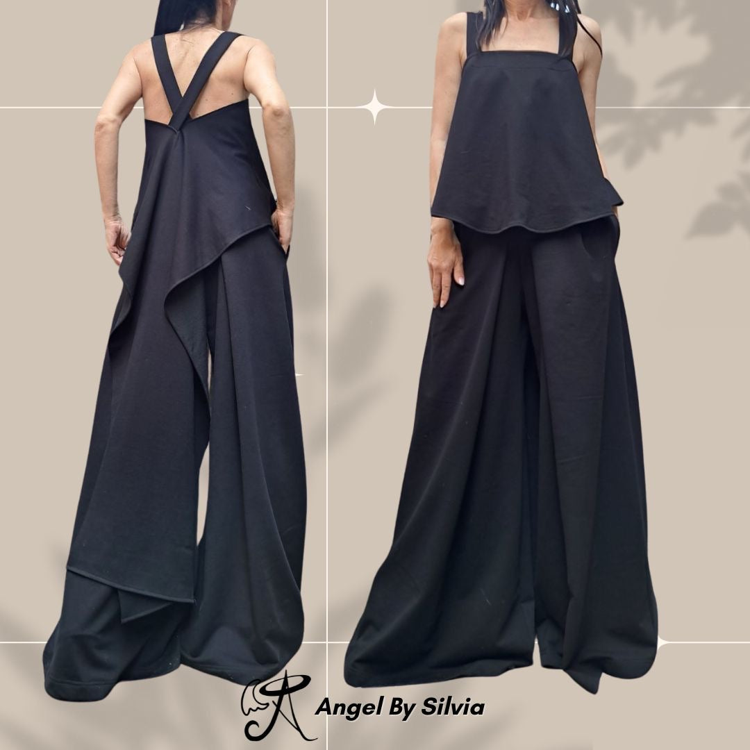 Black Cotton Two Piece Set • High Waist Wide Leg Pants + Asymmetric Open Back Tank Top • Sporty Chic Summer Outfit • Handmade Sizes XS-5XL - Handmade clothing from Angel By Silvia - Top Designer Brands 