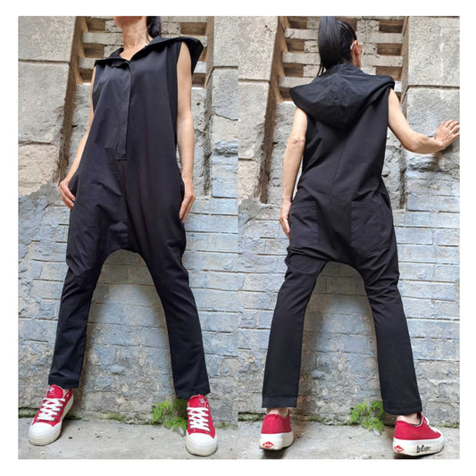 Extravagant Harem Overalls / Urban Cotton and Taffeta Jumpsuit / Street Hooded Jumpsuit / Sleeveless Black Overalls / Casual Overalls - Handmade clothing from Angel By Silvia - Top Designer Brands 