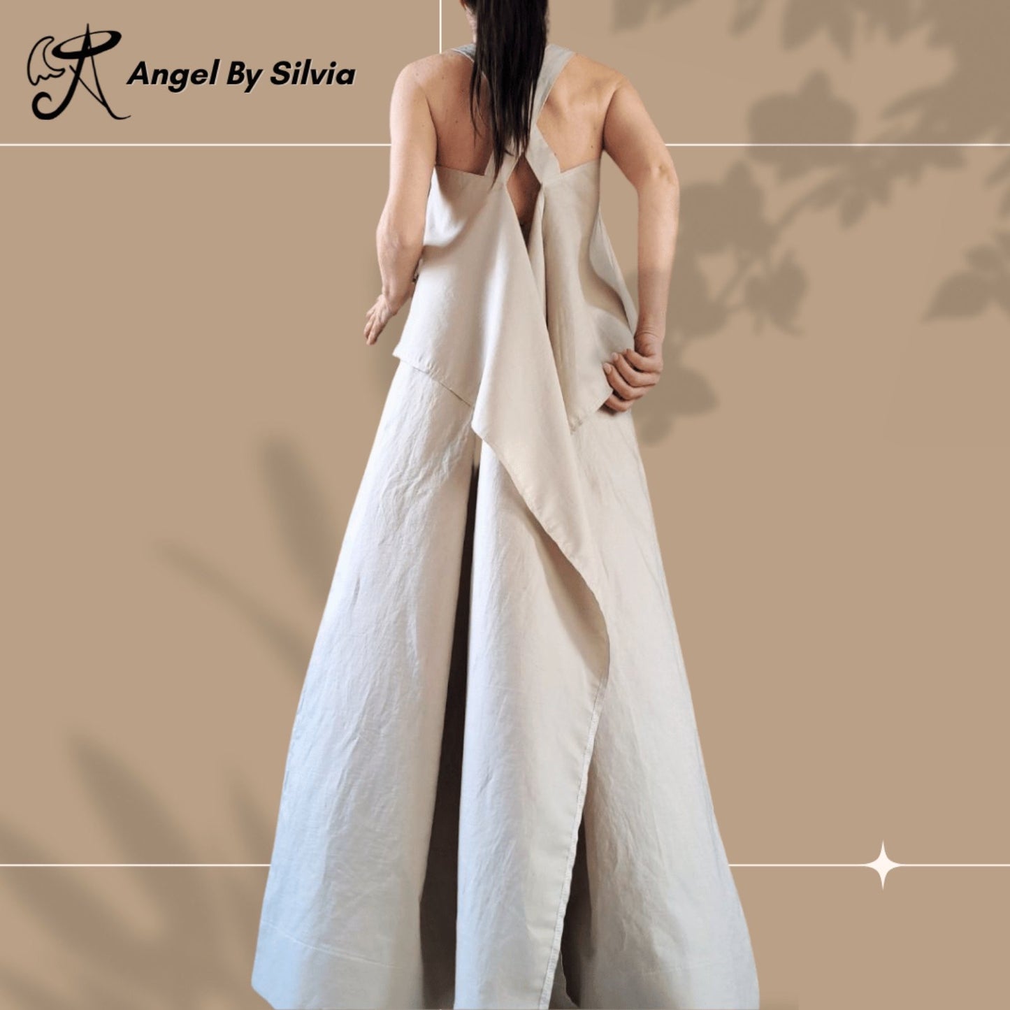 Linen Two-Piece Set • Beige High Waist Wide Leg Pants + Asymmetric Tank Top • Open Back Longline Top • Boho Summer Outfit • Sizes XS-5XL - Handmade clothing from Angel By Silvia - Top Designer Brands 