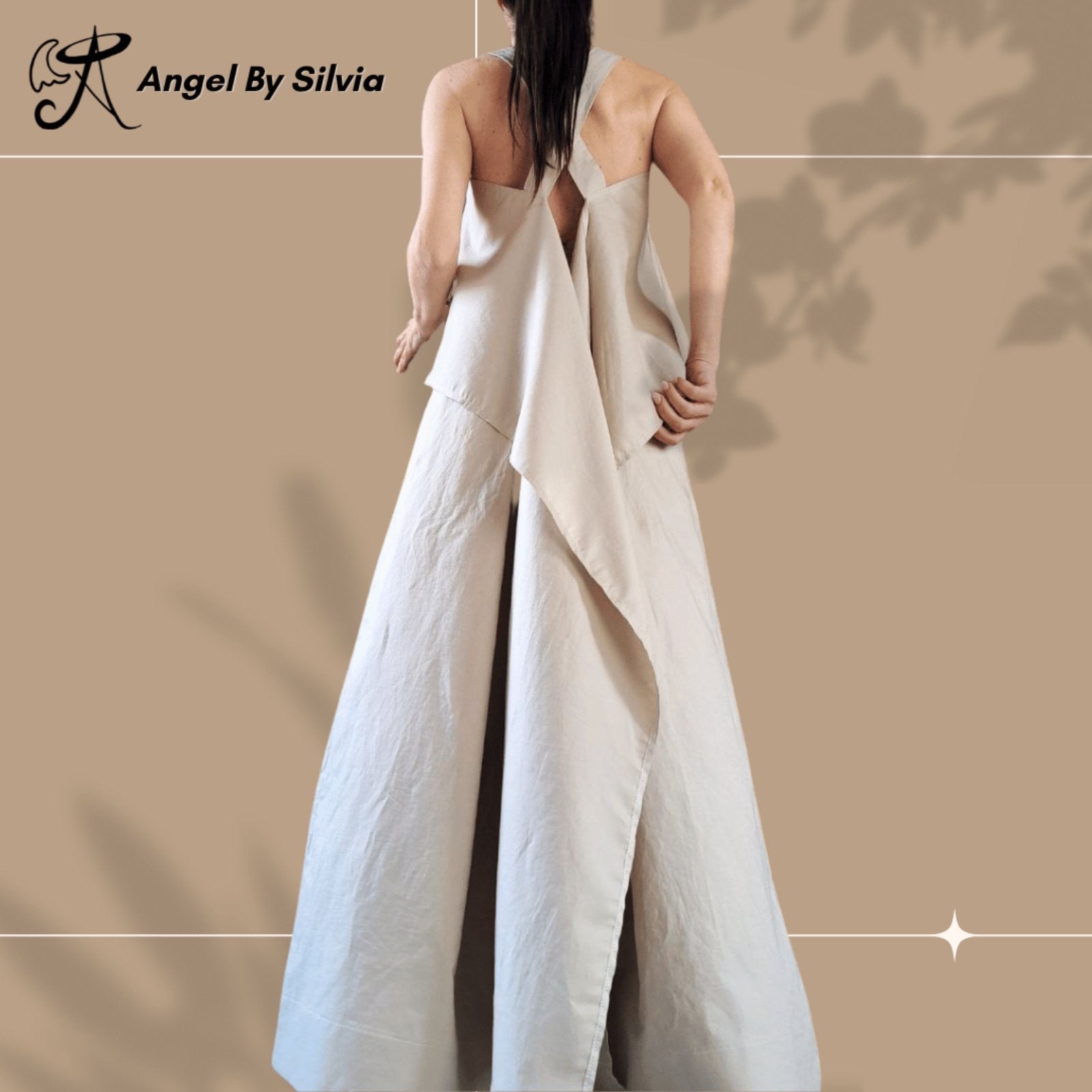 Linen Two-Piece Set • Beige High Waist Wide Leg Pants + Asymmetric Tank Top • Open Back Longline Top • Boho Summer Outfit • Sizes XS-5XL - Handmade clothing from Angel By Silvia - Top Designer Brands 