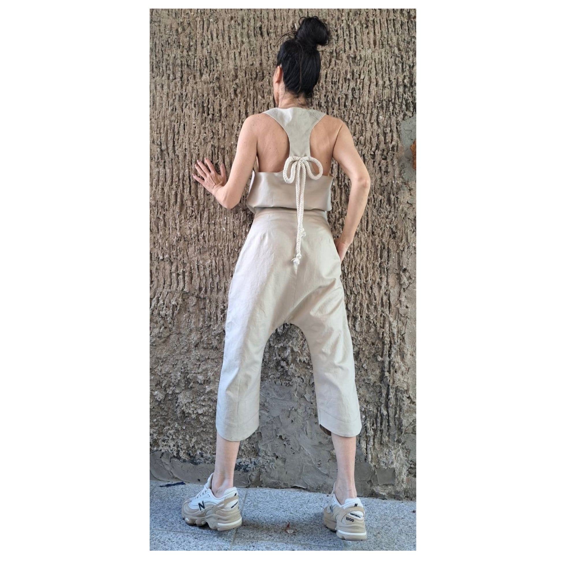 Summer Linen Women’s Set / Extravagant High Waist Linen Pants / Sleeveless Top / Daywear Beige Pants Top Outfits / Avantgarde Two Pieces Set - Handmade clothing from Angel By Silvia - Top Designer Brands 