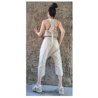 Summer Linen Women’s Set / Extravagant High Waist Linen Pants / Sleeveless Top / Daywear Beige Pants Top Outfits / Avantgarde Two Pieces Set - Handmade clothing from Angel By Silvia - Top Designer Brands 