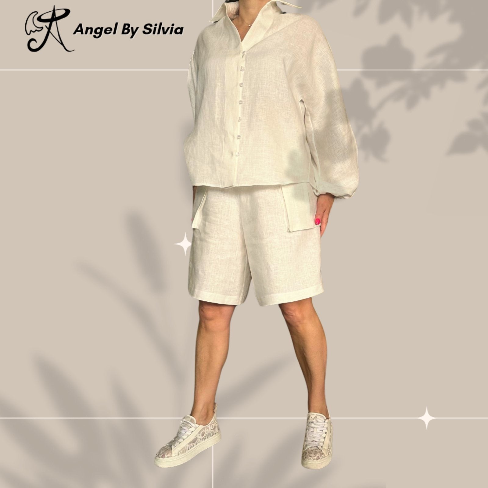White Linen Pants & Long Sleeve Button Up Shirt Set • Above-Knee Shorts • Elbow Slit Top • Relaxed Fit Summer Outfit • XS to 5XL - Handmade clothing from Angel By Silvia - Top Designer Brands 