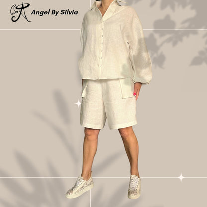White Linen Pants & Long Sleeve Button Up Shirt Set • Above-Knee Shorts • Elbow Slit Top • Relaxed Fit Summer Outfit • XS to 5XL - Handmade clothing from Angel By Silvia - Top Designer Brands 