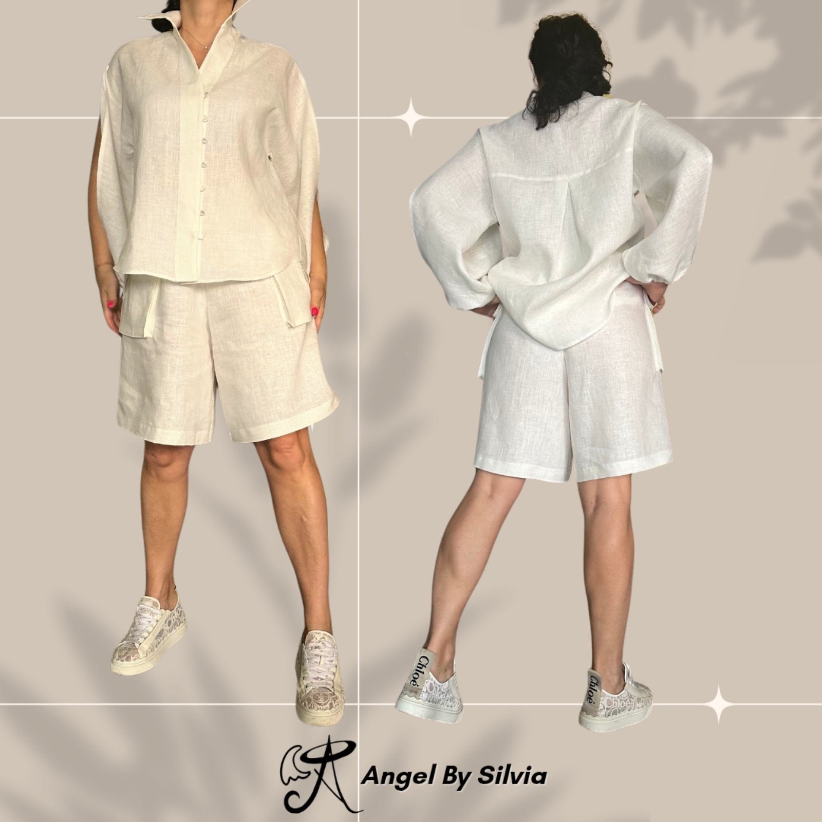 White Linen Pants & Long Sleeve Button Up Shirt Set • Above-Knee Shorts • Elbow Slit Top • Relaxed Fit Summer Outfit • XS to 5XL - Handmade clothing from Angel By Silvia - Top Designer Brands 