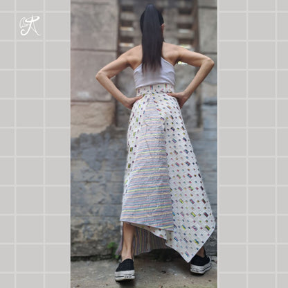 Designer Denim Maxi Skirt • Handmade Asymmetric Art Piece • White Base with Colorful Accents • Flowy Ankle-Length • Tailored Fit Available - Handmade clothing from Angel By Silvia - Top Designer Brands 