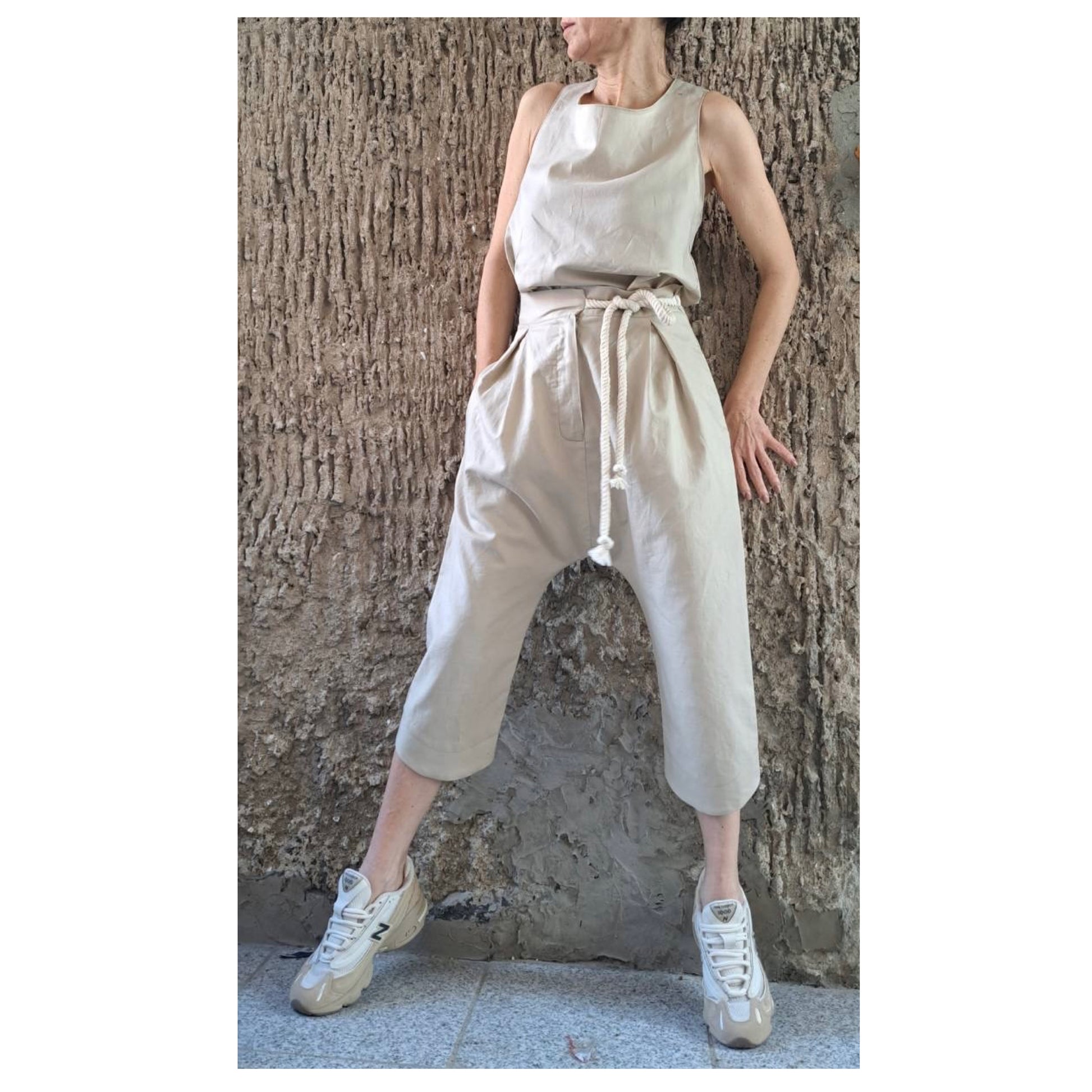 Summer Linen Women’s Set / Extravagant High Waist Linen Pants / Sleeveless Top / Daywear Beige Pants Top Outfits / Avantgarde Two Pieces Set - Handmade clothing from Angel By Silvia - Top Designer Brands 