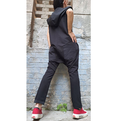 New Extravagant Harem Overalls / Urban Cotton and Taffeta Jumpsuit / Street Hooded Jumpsuit / Sleeveless Black Overalls / Casual Overalls - Handmade clothing from Angel By Silvia - Top Designer Brands 