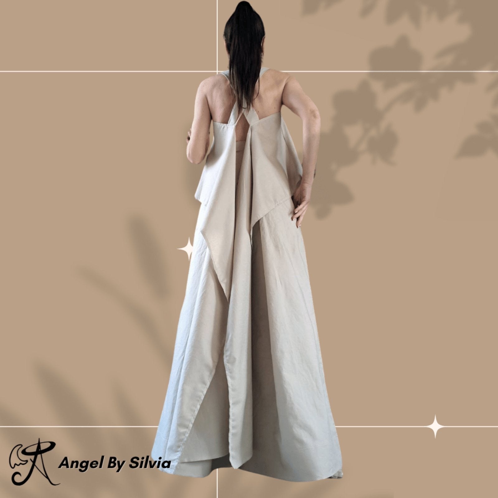 Linen Two-Piece Set • Beige High Waist Wide Leg Pants + Asymmetric Tank Top • Open Back Longline Top • Boho Summer Outfit • Sizes XS-5XL - Handmade clothing from Angel By Silvia - Top Designer Brands 