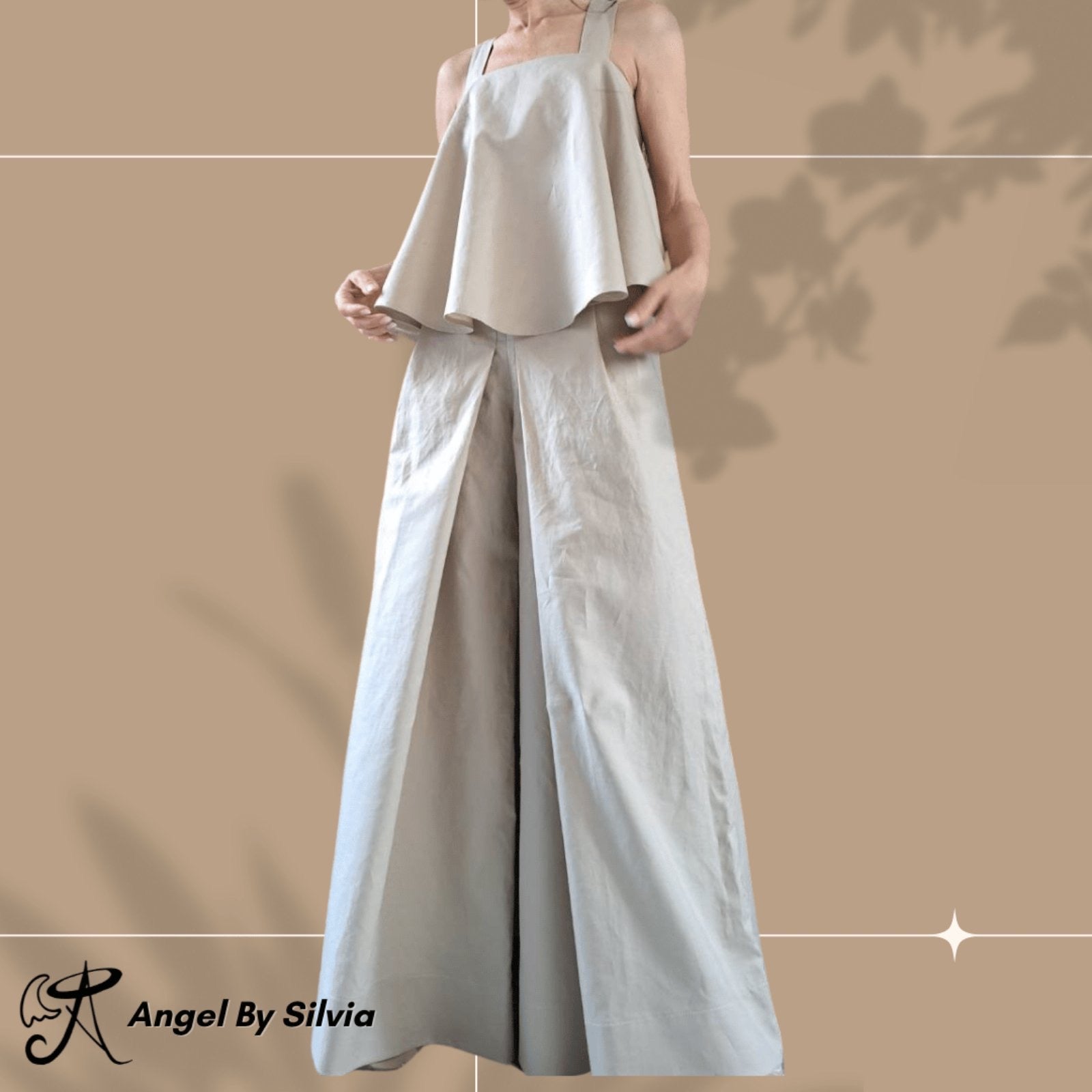 Linen Two-Piece Set • Beige High Waist Wide Leg Pants + Asymmetric Tank Top • Open Back Longline Top • Boho Summer Outfit • Sizes XS-5XL - Handmade clothing from Angel By Silvia - Top Designer Brands 